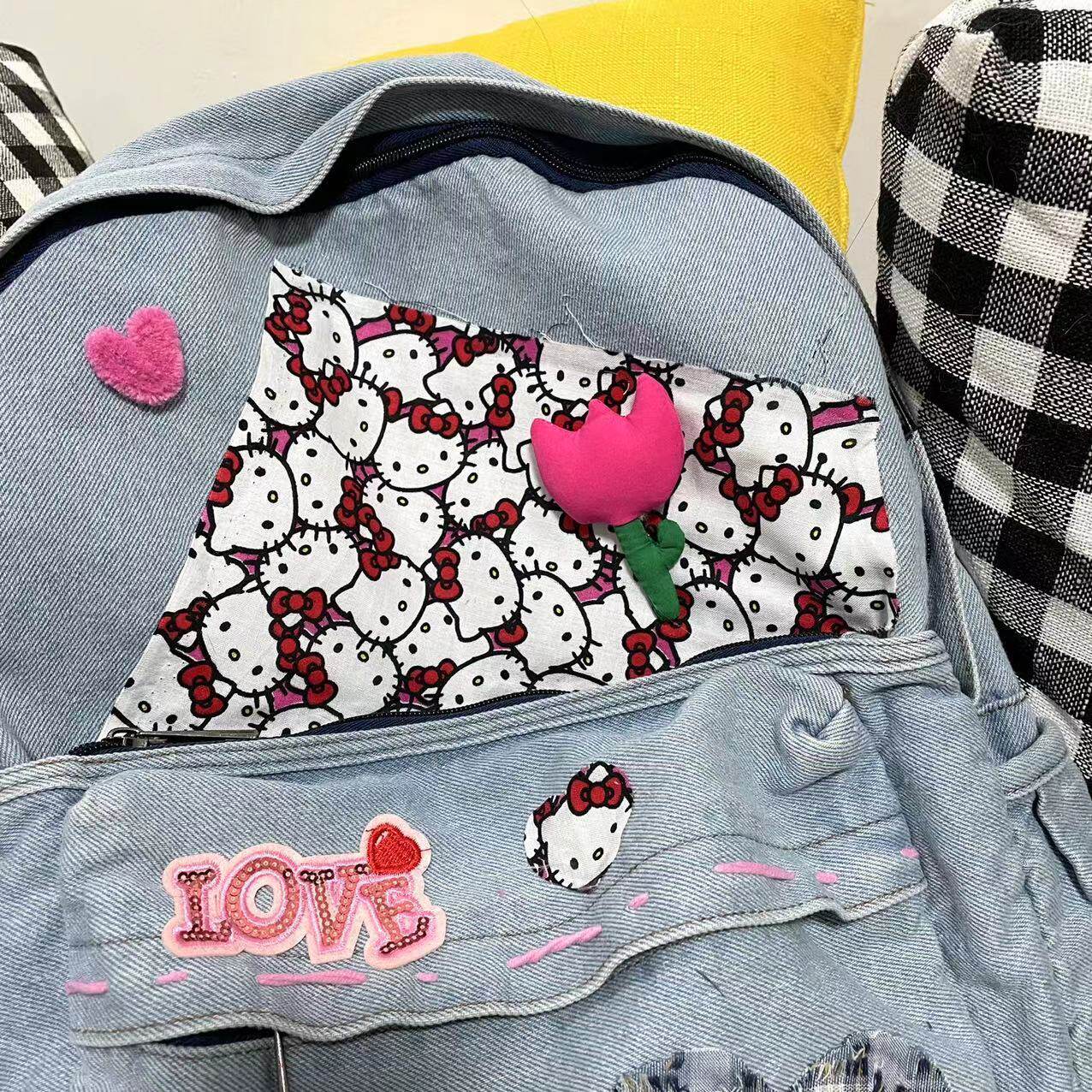 ORIGINAL HOMEMADE HELLO KITTY DENIM BACKPACK HELLO KITTY BAG SWEET AND VERSATILE MILLENNIAL STITCHING OLD