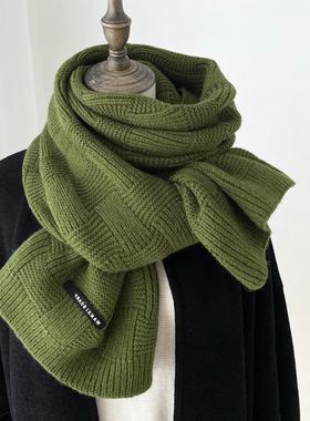 纯色墨绿色小香风格子毛线针织围巾女冬季红色格纹送男生保暖围脖