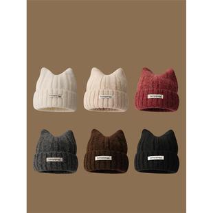 可爱猫耳朵帽子女款2026新款冬季显脸小适合方圆脸羊毛混纺毛线帽