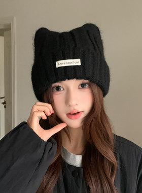 秋冬显脸小猫耳羊毛混纺女帽