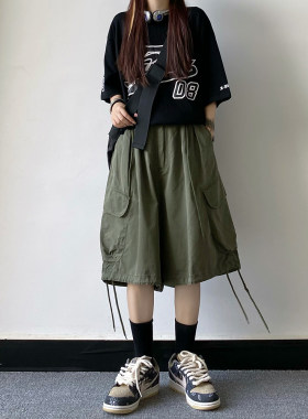 高腰短裤女日系ins宽松休闲运动抽绳设计阔腿裤五分裤男女中裤潮
