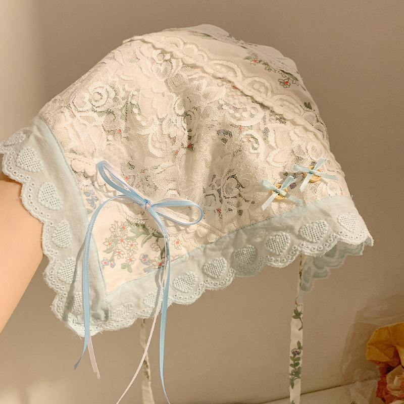 重工刺绣蓝色蝴蝶结蕾丝三角巾头巾女包头法式碎花田园风海边发带图片