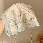 重工刺绣蓝色蝴蝶结蕾丝三角巾头巾女包头法式 碎花田园风海边发带