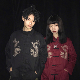 班服 衬衫 秋冬oversize原宿暗黑系横须贺龙刺绣外套暗黑系薄款 唐装