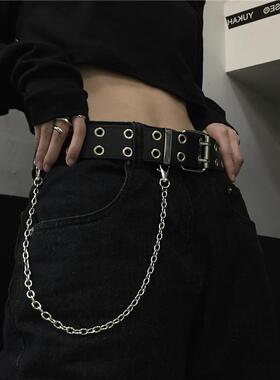 腰带女韩国ins复古个性黑色双排扣金属链条装饰百搭朋克皮带男潮