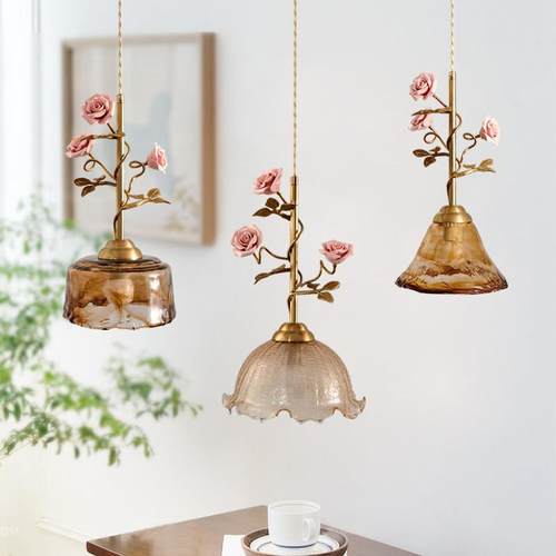 法式田园风床头吊灯vintage中古书房玄关玫瑰花朵创意玻璃气氛灯