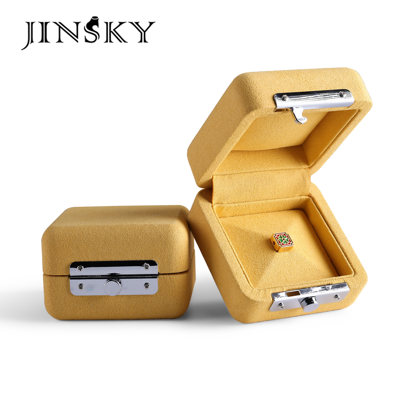 JINSKY高档超纤首饰盒裸石珍珠黄金收纳盒简约翻盖式珠宝展示架