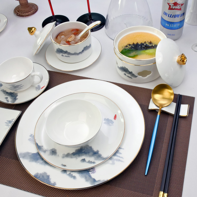 骨瓷星級(jí)酒店飯店山水臺(tái)面擺臺(tái)餐廳餐具套裝飯店會(huì)所盤碗勺杯筷架