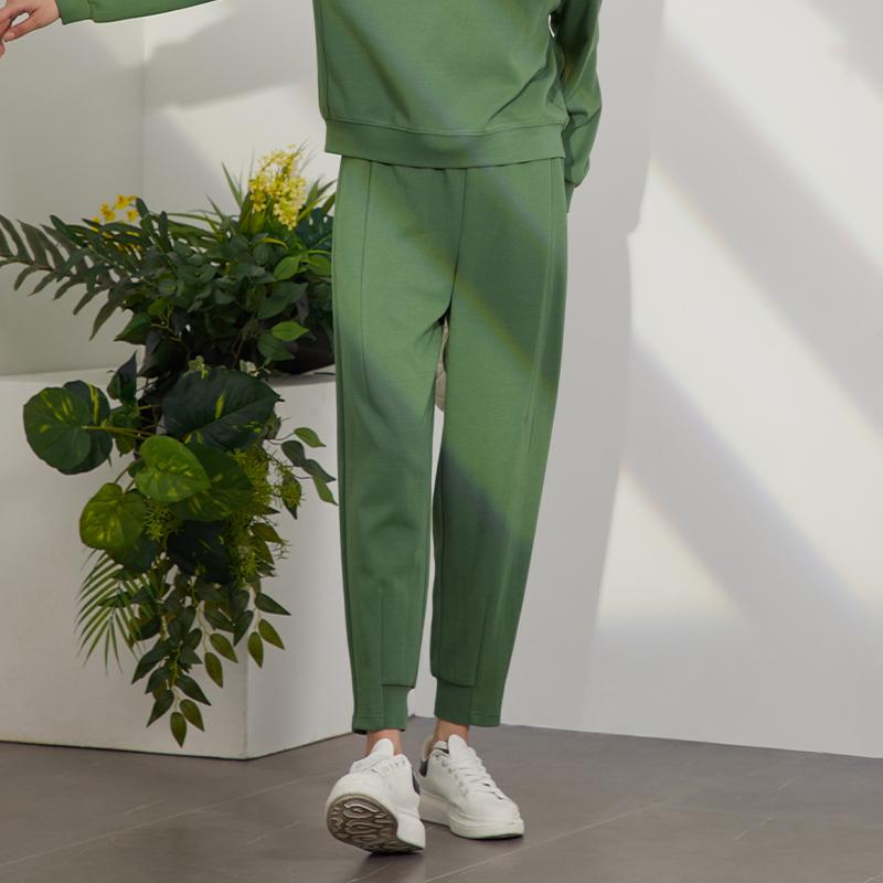 EMOO杨门松紧腰九分裤绿色裤子