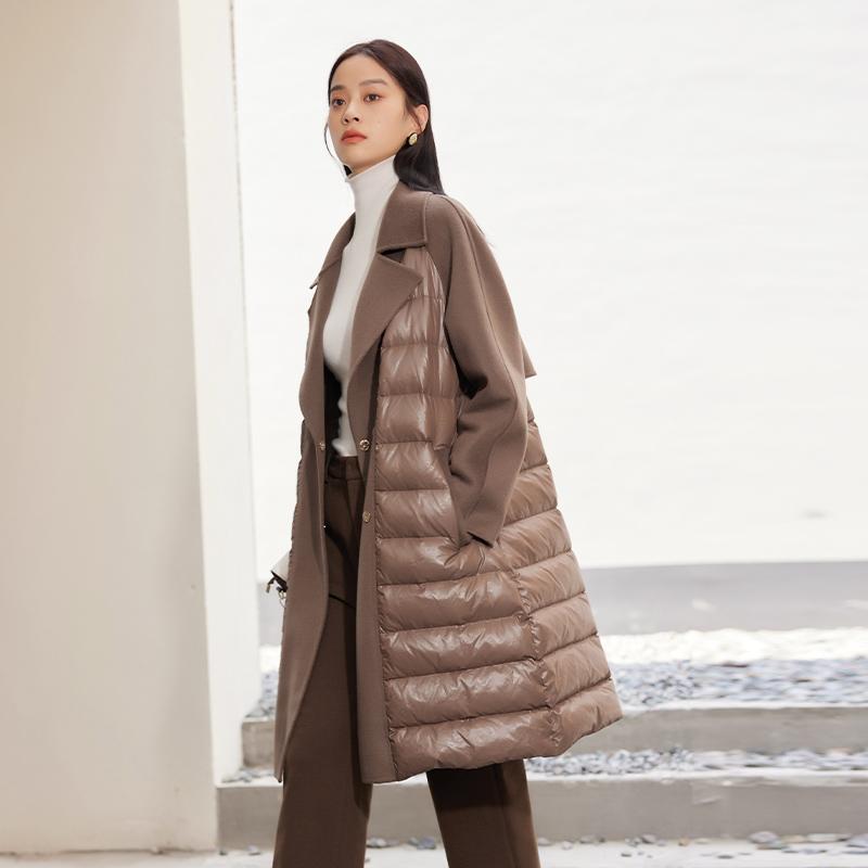 杨门中长款羽绒大衣女西装领毛呢拼接外套专柜正品轻薄时尚羽绒服