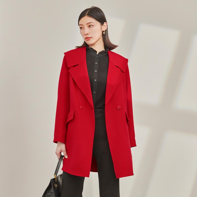红色双面呢毛呢大衣杨门通勤风