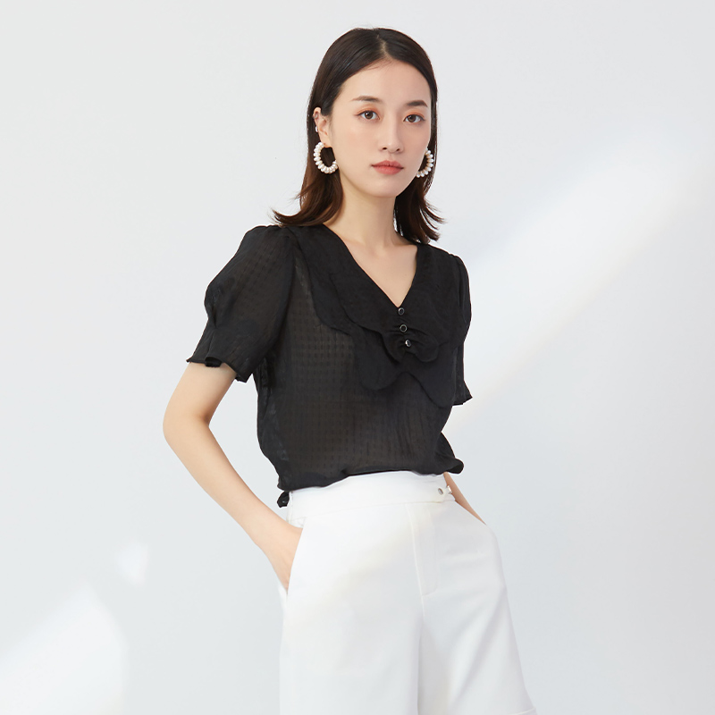 杨门2025夏季新款时尚短袖衬衫女宽松显瘦上衣套头衬衣V领蝴蝶结