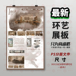 原创环艺设计展板PS模板90X150CM咖啡店室内设计3D建模排版模板