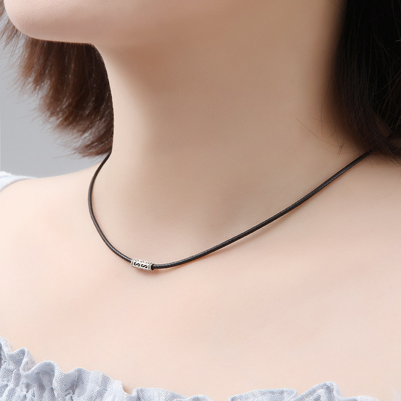 925银项链女民族风简约个性六面招财钱币锁骨链短款颈链黑色皮绳