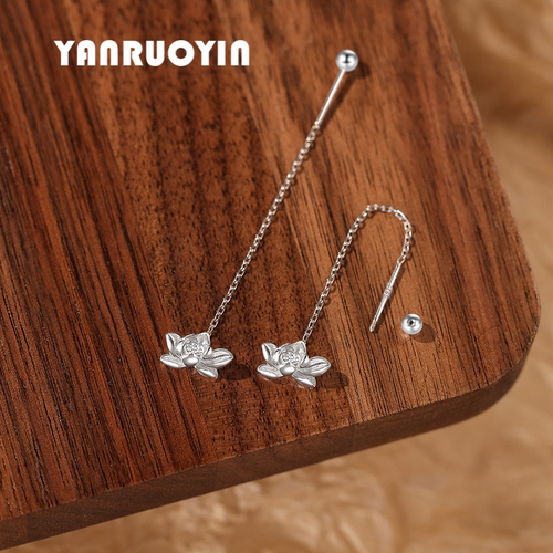 纯银耳线女莲花耳环螺丝帽设计防丢森系简约小众高级感银耳坠养耳