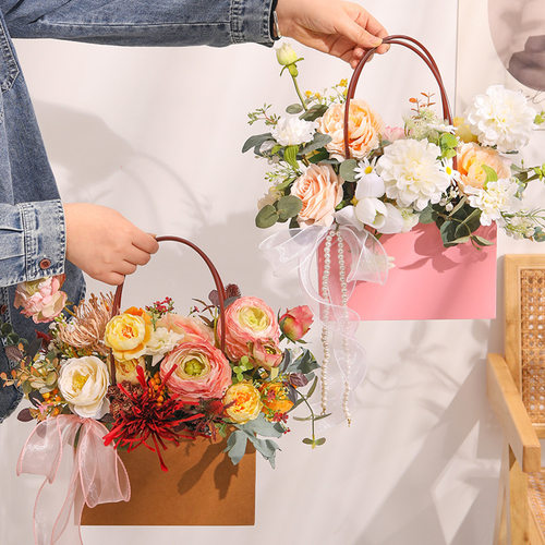 母亲节牛皮纸插花小提篮手提袋花篮鲜花花束包装袋子花盒包花材料