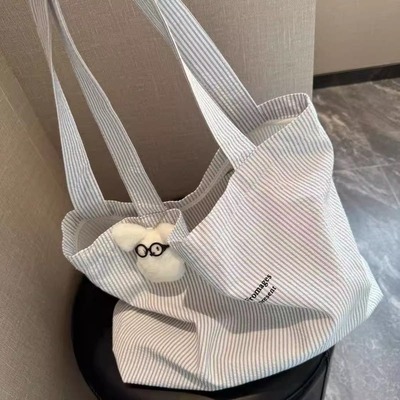 条纹单肩帆布包女学生包包带拉链上班通勤托特包大容量手提购物袋