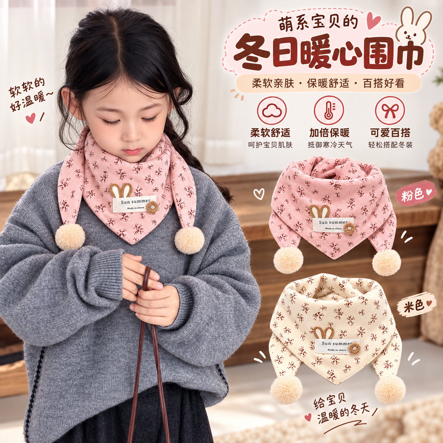 儿童格子围巾兔子波点新款秋冬防风保暖三角巾男女童宝宝可爱围脖