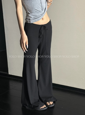 LIL CHER黑色垂感舒适百搭显瘦抽绳系带裤女夏季气质微喇长裤裤子