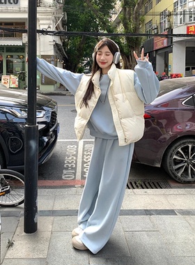 LIL CHER 蓝色加绒卫衣女冬季新款宽松加厚套装保暖两件套上衣女