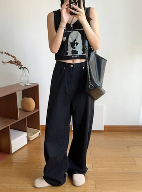 LIL CHER 店主私服薄水洗黑柔软显瘦弯刀牛仔裤长裤女夏黑色阔腿