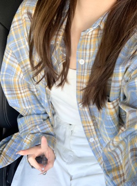 LIL CHER美式复古黄蓝色格子长袖衬衫春秋新款宽松防晒衬衣外套女