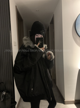 LIL CHER黑色拼接皮毛一体秋冬新款夹克派克服外套秋冬长袖上衣