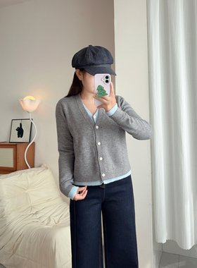 LIL CHER 假两件v领灰色针织开衫长袖外套春秋设计感撞色羊毛上衣