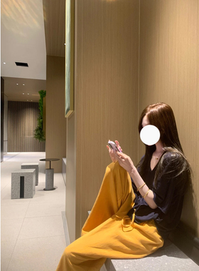 LIL CHER【加州阳光】亚麻姜黄色松紧腰简约显瘦薄款宽松休闲长裤