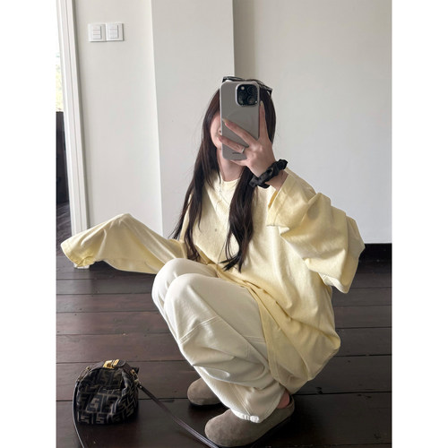 简约纯色大大T恤宽松长袖上衣女