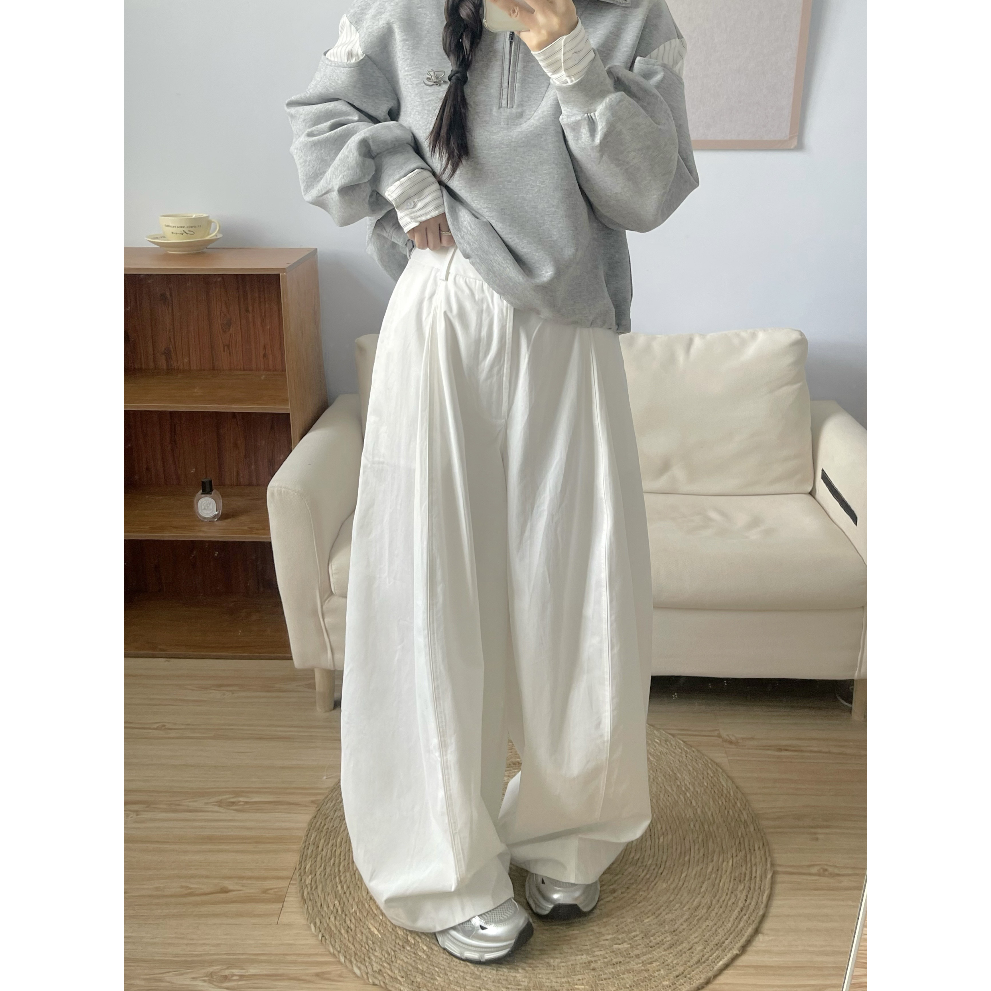 春秋白色休闲裤裤子皱感杨桃裤