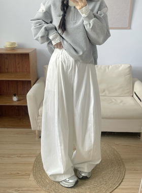 LIL CHER春秋白色休闲裤裤子皱感尼龙棉挺括有型立体阔腿裤杨桃裤