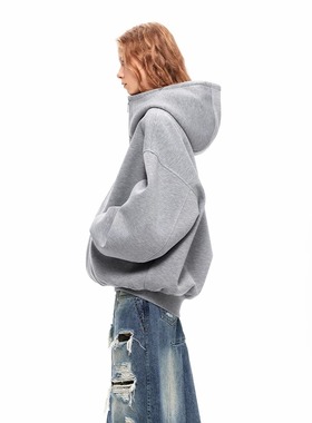 LIL CHER灰色宽松廓形感连帽长袖卫衣女空气感oversize厚外套上衣