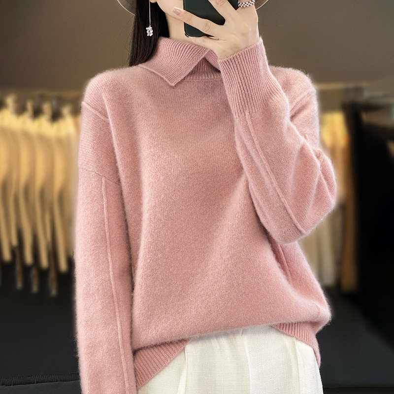 POLO翻领羊毛衫女宽松慵懒24秋冬新款时尚简约百搭纯色针织打底