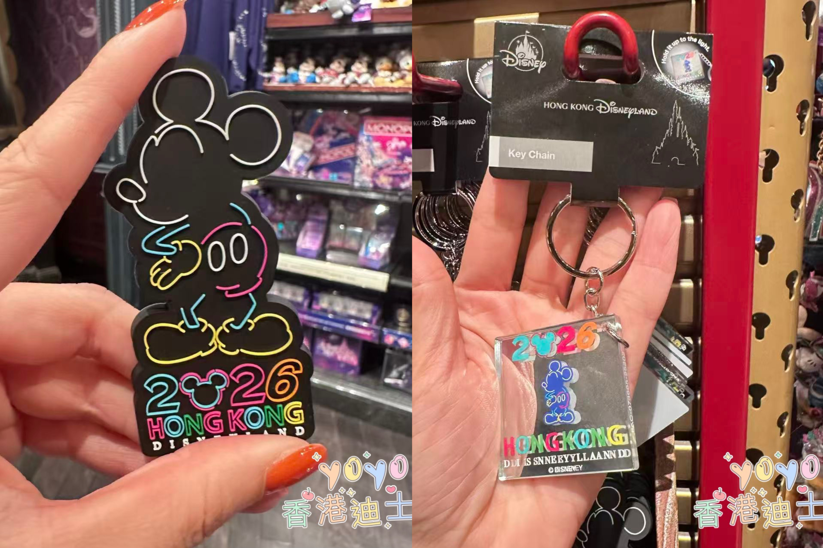香港迪士尼 2026 米奇镭射米老鼠卡通冰箱贴 钥匙扣挂件