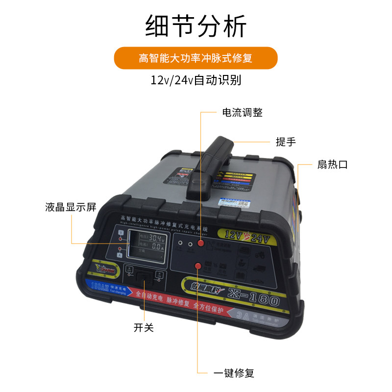 汽车蓄电池充电器电瓶充电器车用x12v24V大功率智能多功能修复通