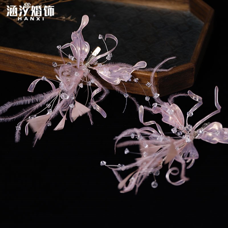 超仙粉色造液花水晶串珠灵动羽毛发夹G新娘高级主婚纱头饰礼服配
