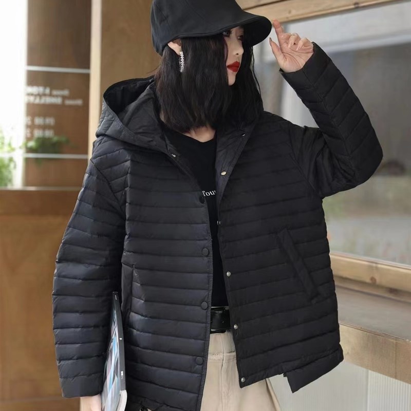 轻薄横条纹压线羽绒服外套冬季洋气百搭纯色白鸭T绒外套潮W13