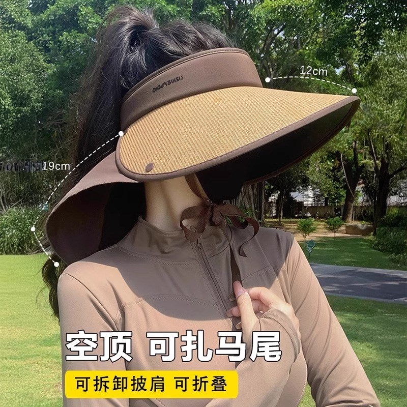 2025新款防晒k帽女夏护颈防紫外线遮阳帽大帽檐户外草编空顶太阳