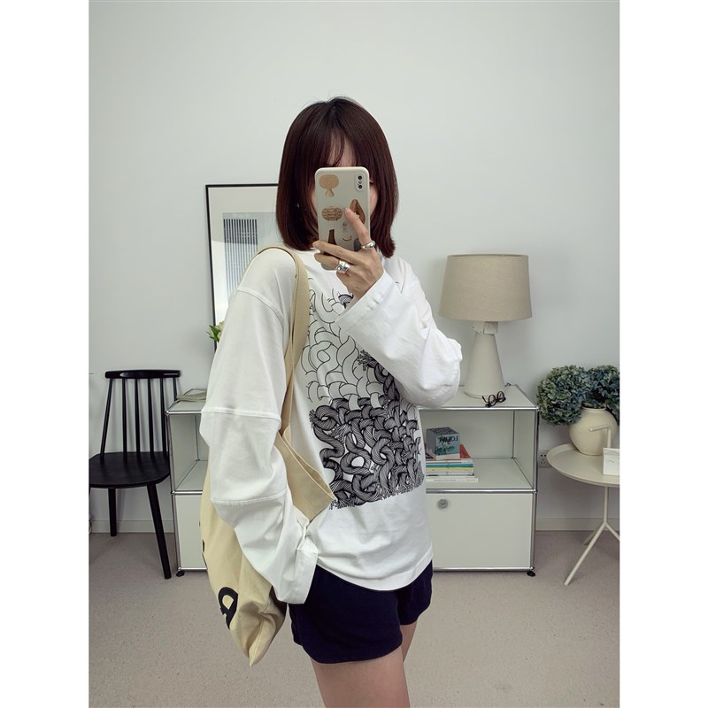 自线鸬鹚私服nemeth同款麻绳印花宽松圆领长袖T恤25Y春夏新款鸬鹚