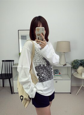 自线鸬鹚私服nemeth同款麻绳印花宽松圆领长袖T恤25Y春夏新款鸬鹚