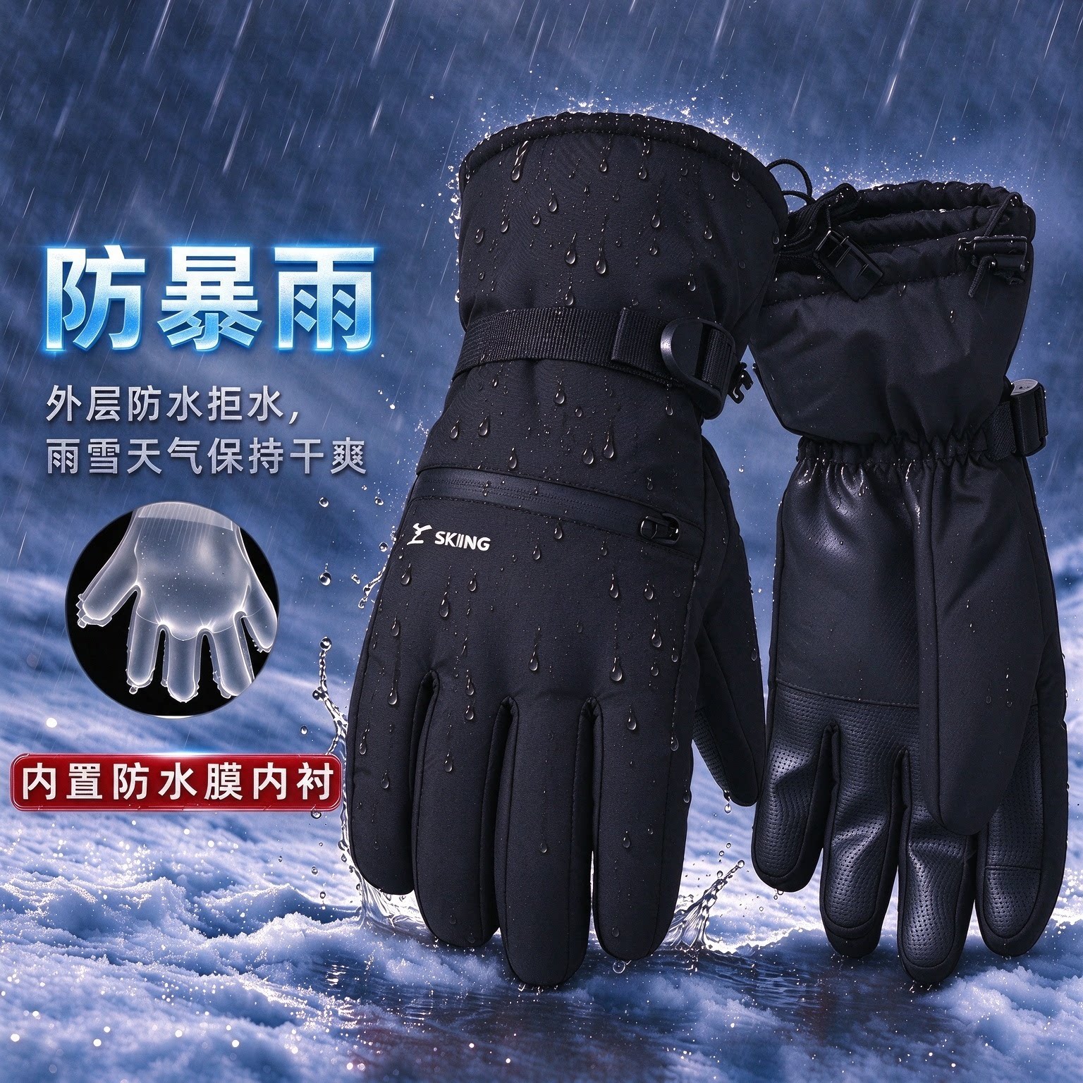 暴雨级防水防寒风保暖滑雪手套加绒加厚男士骑行摩托车手套女冬季