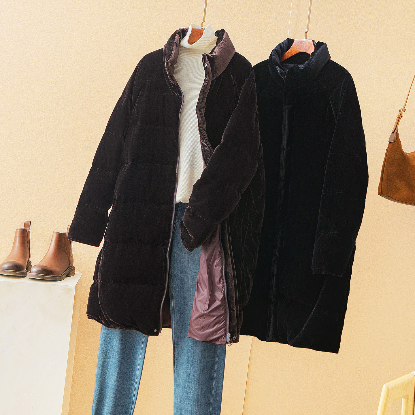 蛮文 冬日奢贵 真丝丝绒+90白鹅绒填充中长款立领鹅绒服外套56312