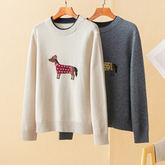 蛮文 面料取胜 绵羊毛+山羊绒奢料轻奢童趣小马提花圆领毛衣59230