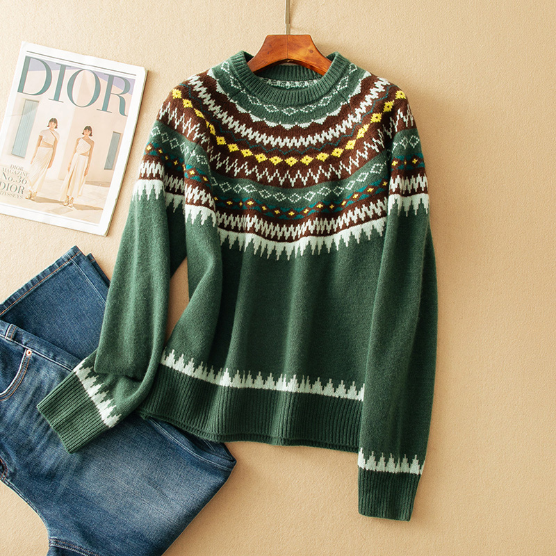 蛮文 早春新款 100%绵羊毛 复古文艺松绿色费尔岛圆领毛衣女49143
