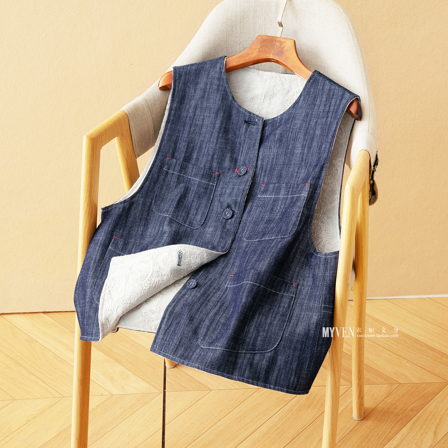 蛮文 双面穿双面精致 日系棉麻腰果花刺绣牛仔圆领马甲背心 56172