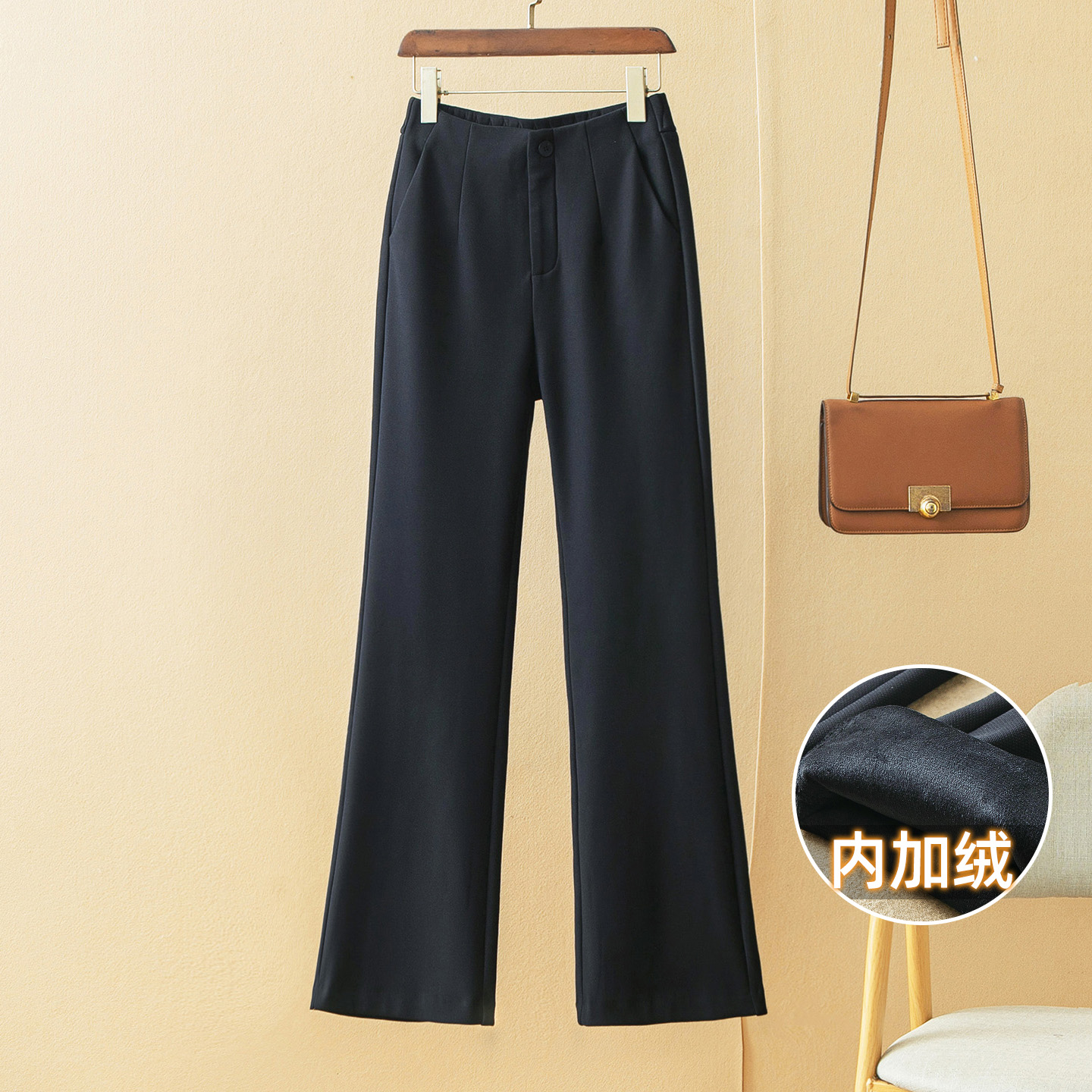 蛮文 3米大长腿 显瘦显高 四面弹斜纹针织秋冬微喇加绒女裤 50259