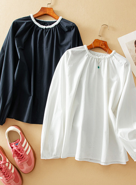 蛮文 法式精致浪漫 重工立体捏褶花边圆领 宽松廓版上衣衬衫58052