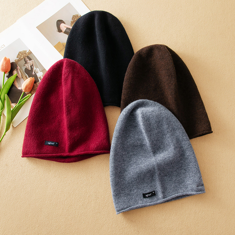 蛮文 时髦洋气 秋冬保暖纯羊毛细针织休闲慵懒卷边感堆堆帽 4K025