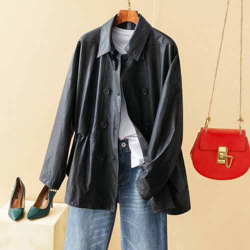 蛮文 飒爽帅气~女人味 抽绳收腰中长款绵羊皮风衣双排扣外套56146